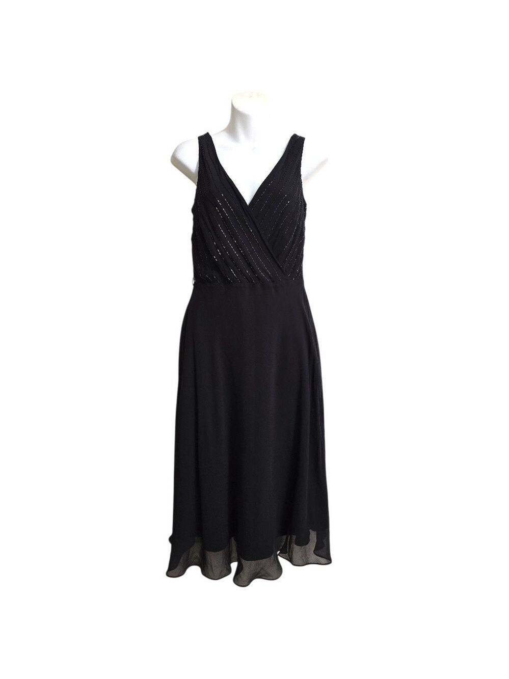 Bloomingdale's Vintage Black V-Neck Beaded Bodice Silk Knee Length Dress Sz 6P
